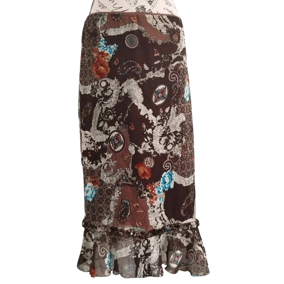 Y2K brown paisley floral ruffle hem maxi skirt - Picture 6 of 8